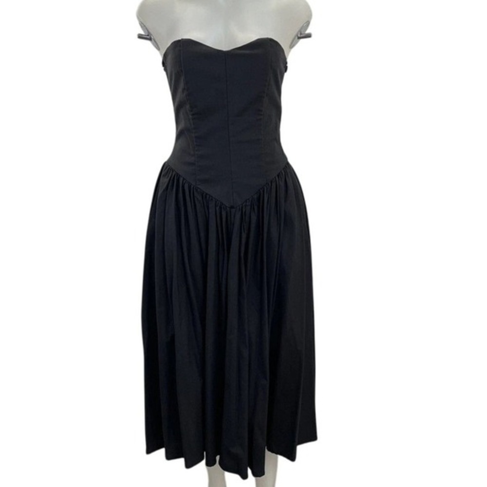 Vintage 80s Strapless Sweetheart Corset Midi Tea Dress Black Princess Waist SZ 8